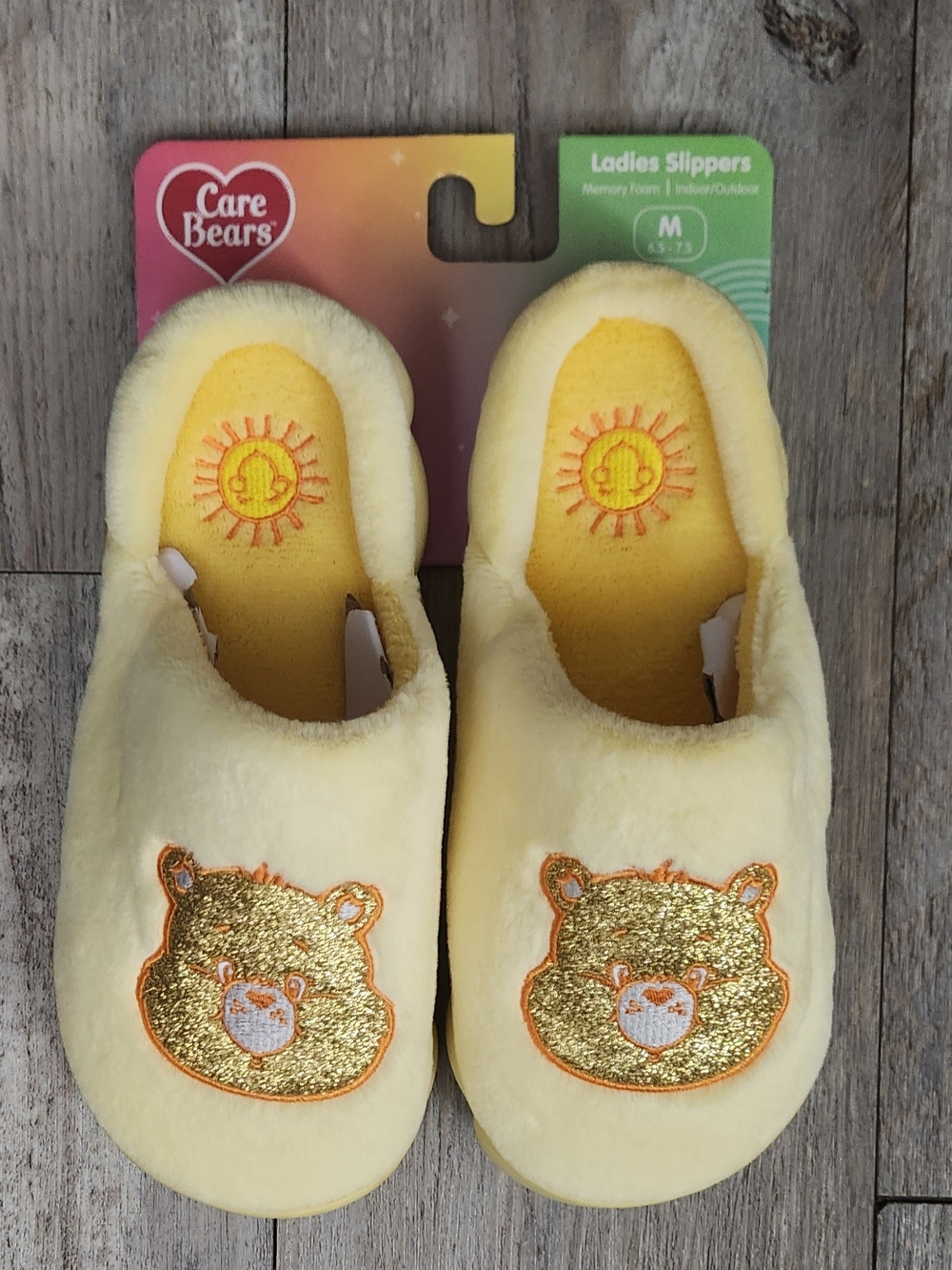 Care Bears Yellow Plush Slippers with Gold Sunshine Bear Emblems